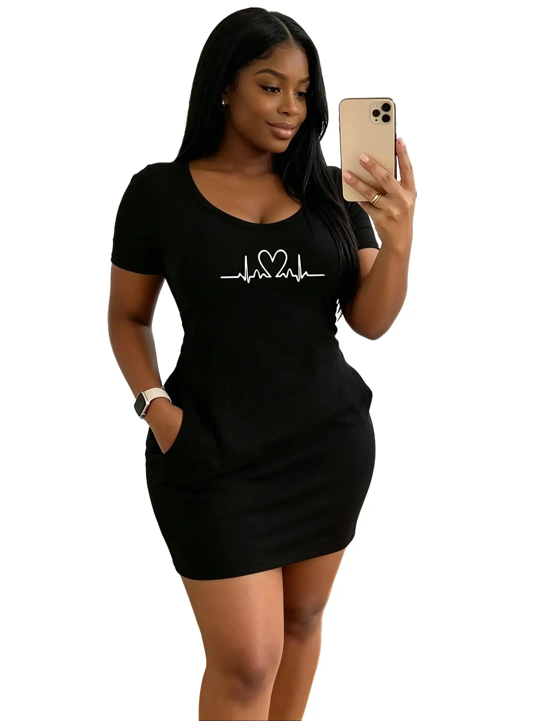 Women's short-sleeved T-shirt dress, with a black heart-shaped electrocardiogram pattern printed on the front, side pocket design, casual street style, high elasticity fabric, suitable for daily outings and wearing in cafes. Womenswear sohochic