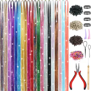 20 Colors Hair Tinsel Kit with Tools 48 Inch 4600 Strands Fairy Hair Tinsel Heat Resistant Glitter Tinsel Hair Extensions Hair Accessories Hair Tinsel Kit for Girls Women Kids (20 Colors)