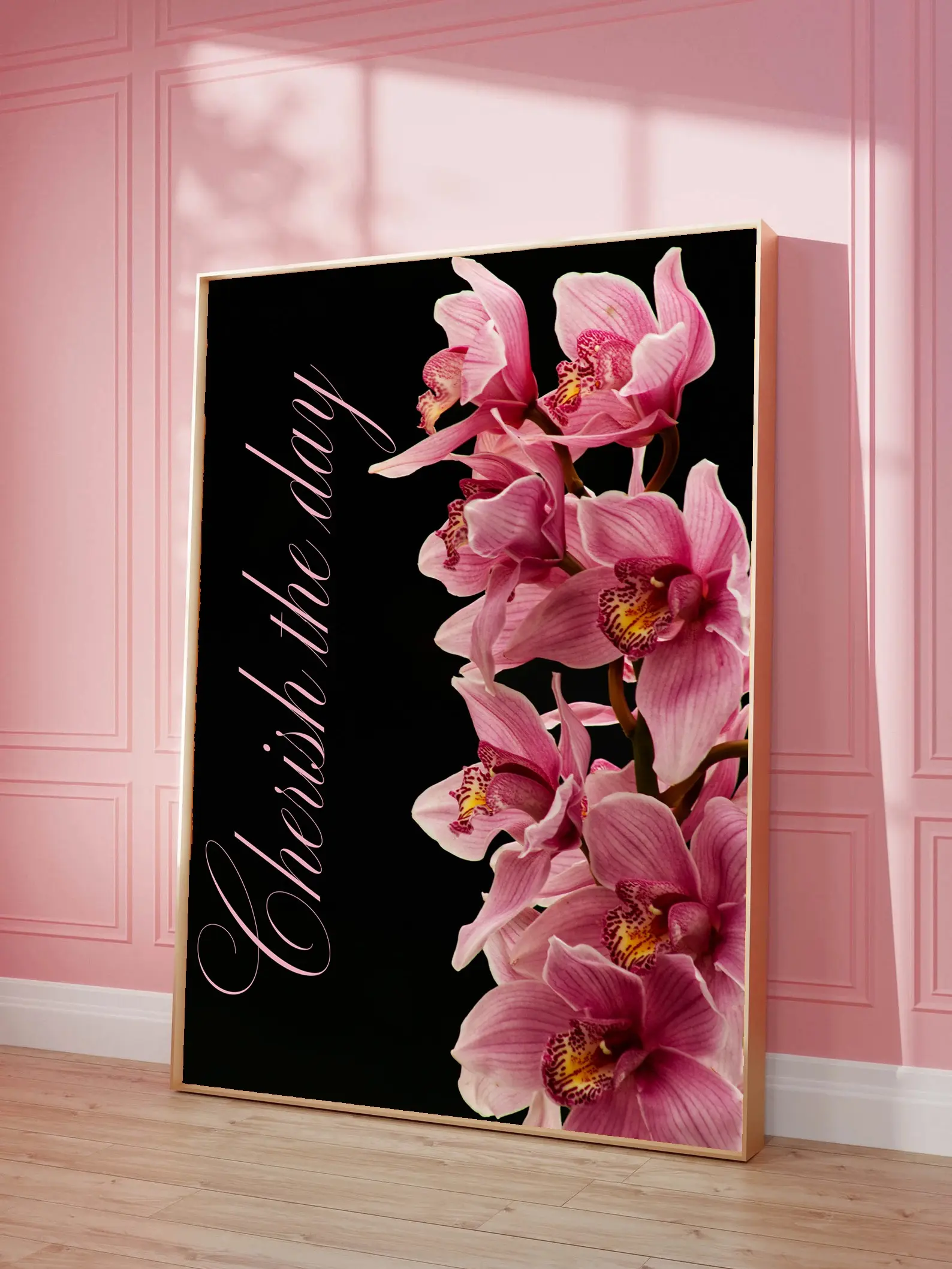 Posters & Prints - Floral Orchid Design with Cherish The Day Text on Black Background Wall Art, High Quality Matte Archival Paper, Orchid Print