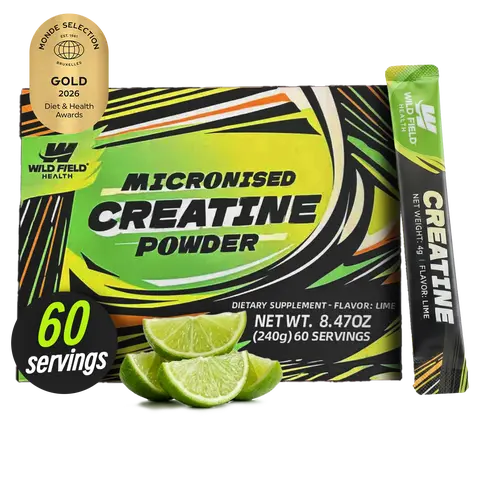 WILD FIELD HEALTH 3-in-1 Creatine Monohydrate Stickpacks -  60 Servings - 3000 mg Micronized Pure Creatine + Zinc + Magnesium - Portable On-The-Go Powder for Muscle Growth, Energy & Recovery - Lime Flavor, Fitness Supplement