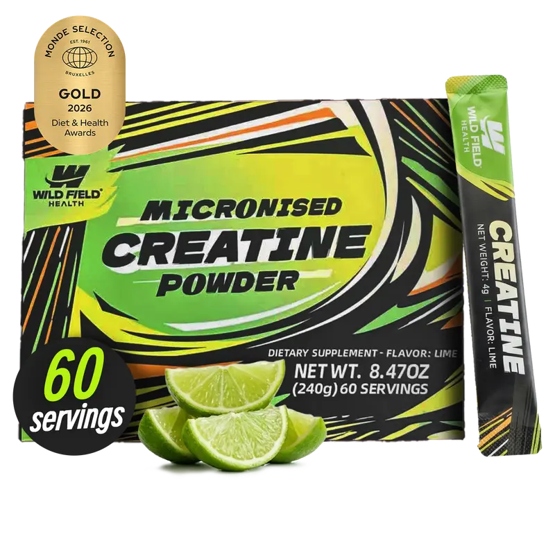 WILD FIELD HEALTH 3-in-1 Creatine Monohydrate Stickpacks -  60 Servings - 3000 mg Micronized Pure Creatine + Zinc + Magnesium - Portable On-The-Go Powder for Muscle Growth, Energy & Recovery - Lime Flavor, Fitness Supplement