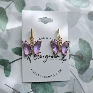 HAXEco Evergreen Light Purple Butterfly Earrings - 1 Pair of Dangle Studs with Purple Accents and Gold Accents