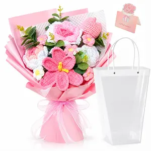 Crochet Flower Bouquet, Pink Handmade Knitted Flowers, Crochet Tulips Galsang Flower for Mother's Day Anniversary Birthday Graduation Lover Valentines Day Gifts (with Tote Bag & Greeting Card)