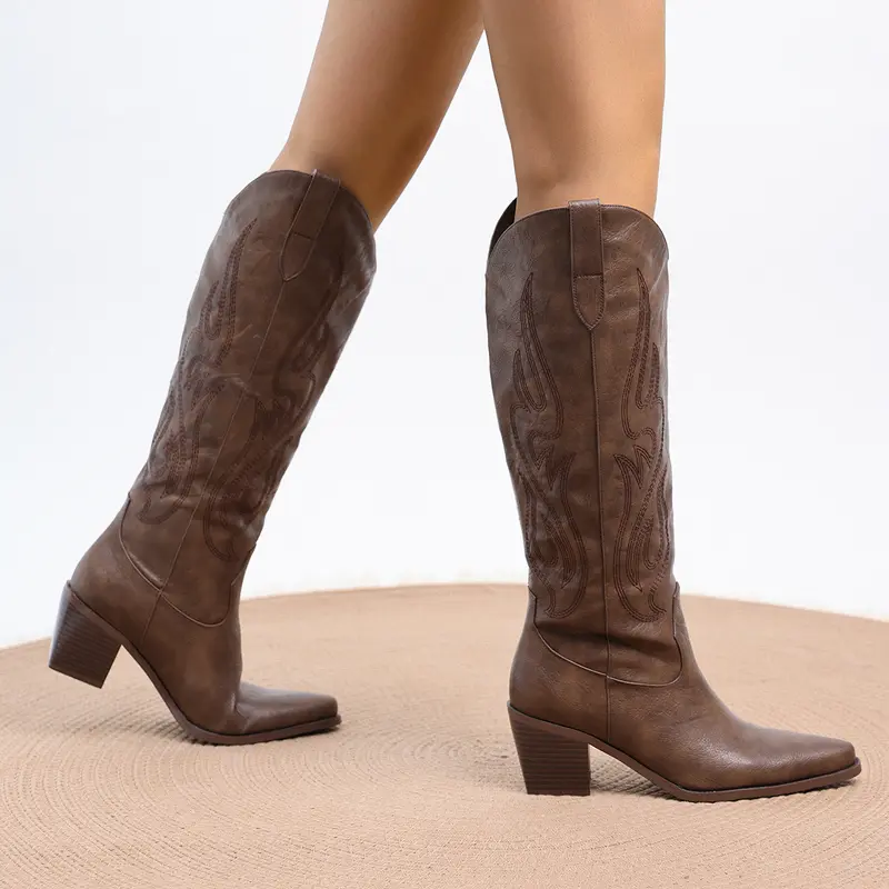 Women's Wide Calf Classic Beaded Pointed Toe Knee High Cowboy Boots - Side Zip, Chunky Heel, Faux Leather, Rubber Sole, All Seasons, Cowboy Aesthetic Shoes for Women, Casual Footwear