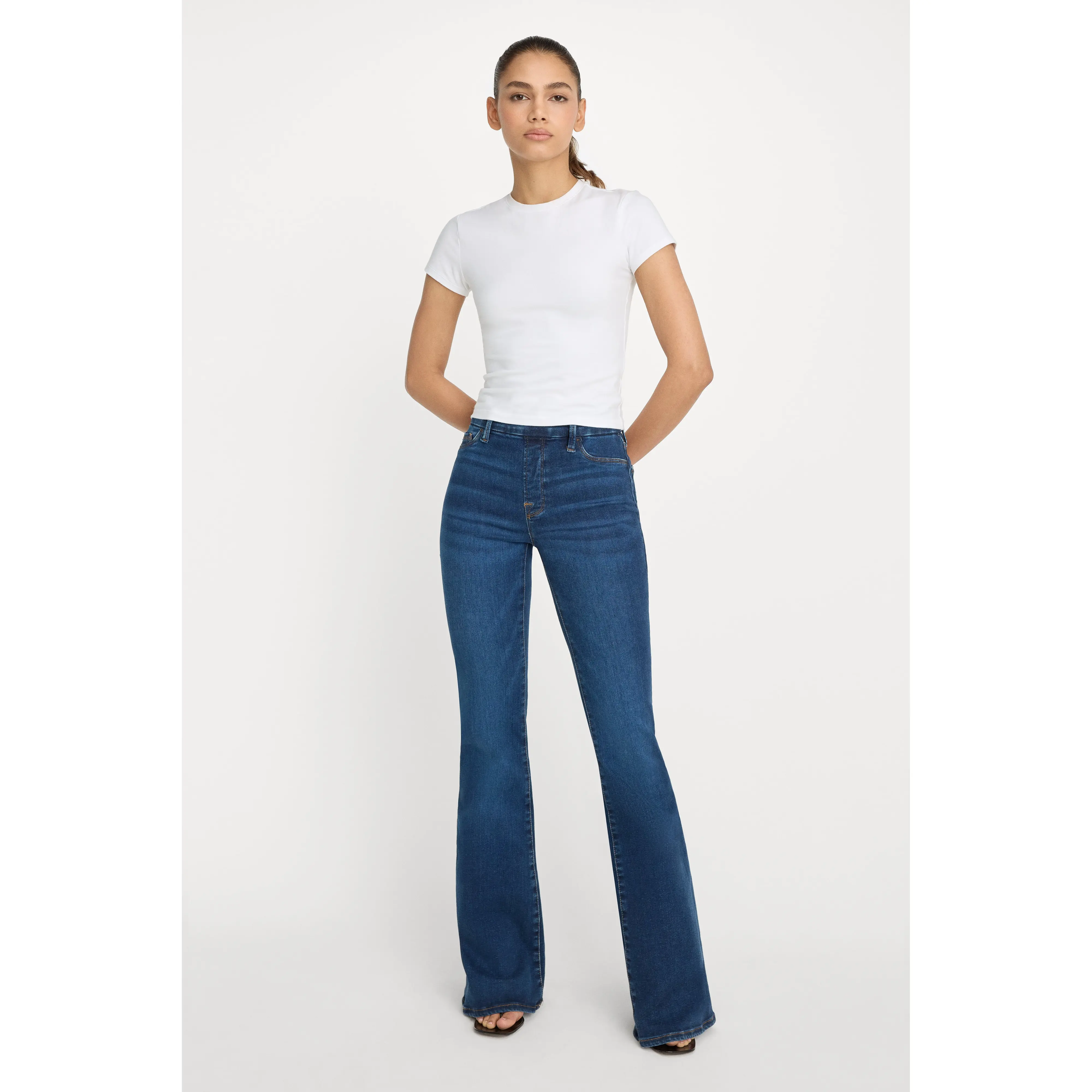 Jeanius by Good American High Rise Pull On Flared Sculpting Jeans | Indigo491 High-Rise Tummy Control Jeanius by Good American High Rise Pull On Flared Sculpting Jeans | Indigo491 High-Rise Tummy Control