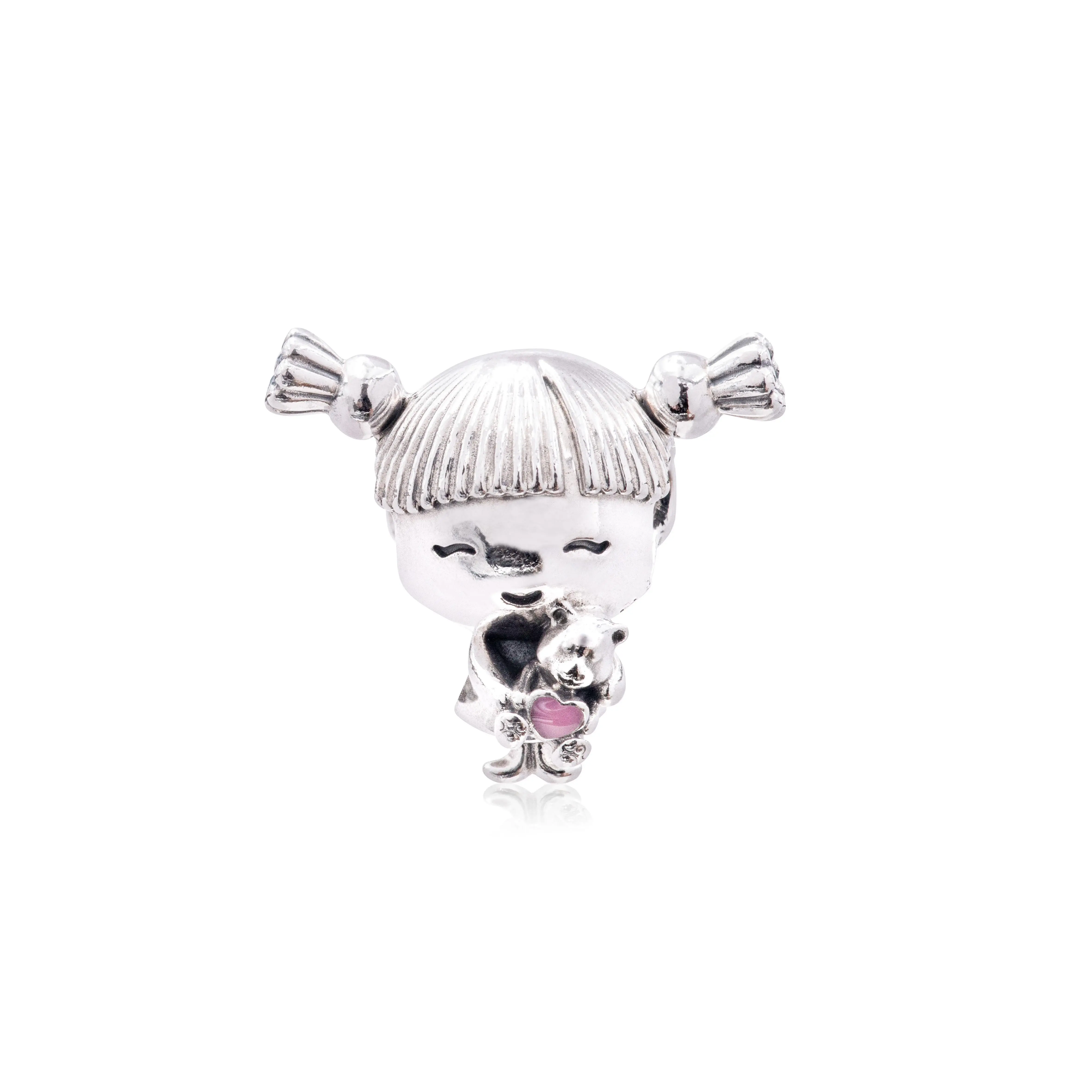 PANDORA Cute Girl with Pigtails Charm, Teddy Bear with Pink Enamel Heart, Gift for a Little Sister or Niece, Girl Figure, Female, Friendly Smile, Collectibles