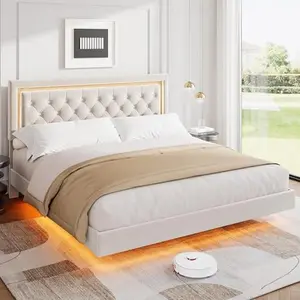 GAOMON Floating King Platform Bed Frame with Smart LED Lights, Modern Upholstered Diamond Headboard, Noise-Free Wood Slats, Under-Bed Storage, Easy Assembly, White