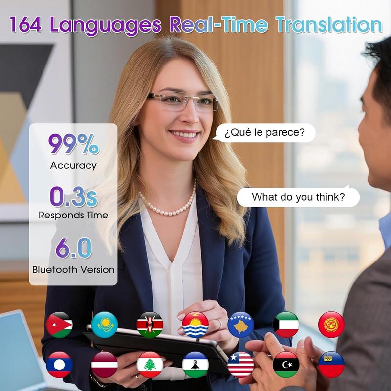 AI Translation Glasses, Bluetooth Eyeglasses with Real-Time Translator for 164 Languages, Photochromic Spring Hinge Bluetooth Glasses with Speakers, Rimless Smart Glasses for Travel/Work/Study(Silver)