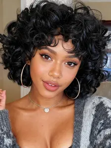 Curly Wigs for Black Women Soft Black Short Curly Wig with Bangs 14 Inch Afro Loose Curls Heat Resistant Synthetic Wigs for African American Women Synthetic Curly Hair
