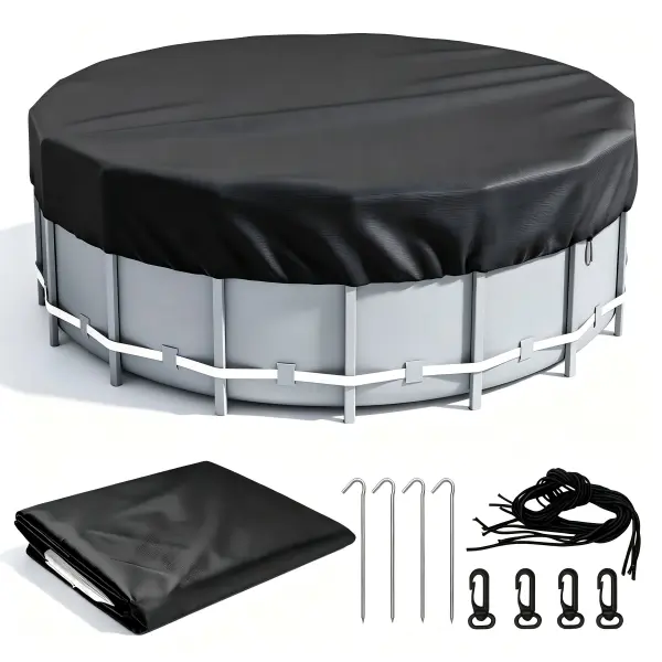12 FT Round Above Ground Pool Protective Dust Cover with Full Fixing Accessory Kit, Wind & Water Resistant Outdoor Backyard Swimming Pool Winter Shield, Fabric Pool Cover Only, Matching Buckles & Ground Nails Included