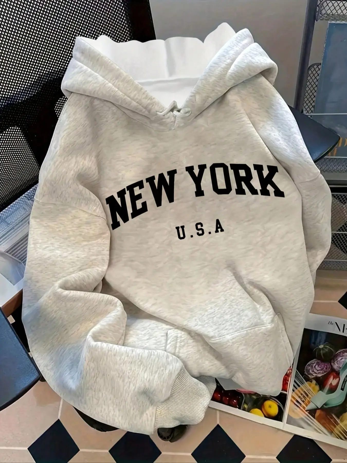 New York Usa Letter Print Hooded Fleece Knit Sweatshirt, Casual Holiday Fashion Style, Loose Fit, Thick Fabric, Fall & Winter New Arrival