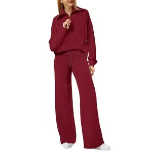 2025 Women's Two-Piece Set Oversized Half-Zip Sweatshirt Wide-Leg Sweatpants Casual Set