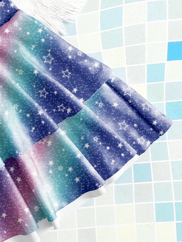 K-Pop Hunter Swimwear, Kpop Demon Hunters Beach Sweetheart Exclusive Swimsuit, Starry Gradient & Girl Group Print, Ruffle Trim Swimsuit, Fashionable Halter Two-Piece Bikini