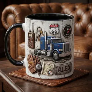Truck Driver Personalized Coffee Mug – Custom Name Route 66 Big Rig Semi Truck Design Ceramic Mug – Trucker Dad Husband Long Haul Driver Gift – Birthday, Father’s Day, Christmas Appreciation Gift for Truck Drivers Who Love the Open Road