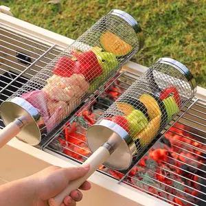 Upgrade BBQ Grill Basket, Portable Outdoor BBQ Net, Rotating Round Grill Tube, Ideal for Camping & Picnics, Durable Design