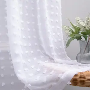KOUFALL White Sheer Curtains 84 Inches Long for Bedroom 2 Panels Set,Pom Pom Textured Boho Shabby Chic Semi Privacy Ruffle Curtains for Living Room