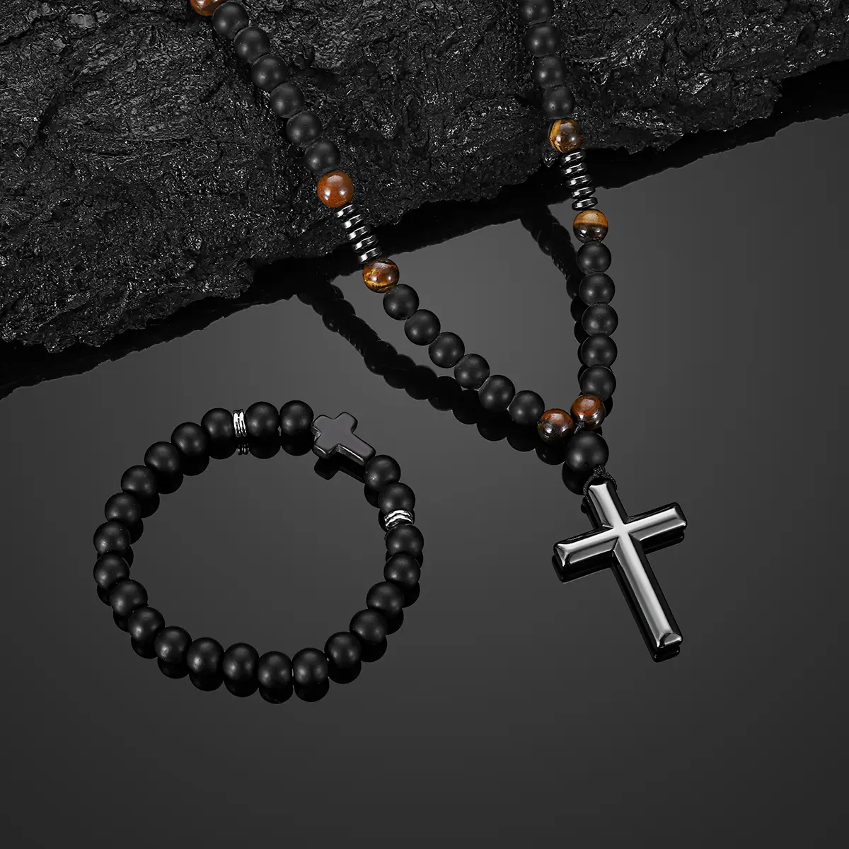 [MANA] 2PCS Vintage Cross Pendant Necklaces & Bracelet Set Chic Handmade Matte Tiger Eye Stone Beads Cross Pendant Long Beaded Necklace Elastic Natural Stone Beads Bangle Daily Wear Party Accessory