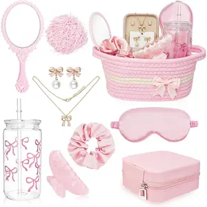 Birthday Gifts for Teen Girls, Woven Gift Basket for Women, Graduation Pink Gifts Basket for Friends Girlfriend Daughter Include Woven Basket, Jewelry Case, Bow Cup, Necklace, Earrings