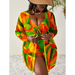 2025 New Plus Size Three-piece Sun Suit Tankini Printed Multicolor Splicing, Indoor Outdoor Plus Size Three-piece Swimsuit Sun Suit Tankini
