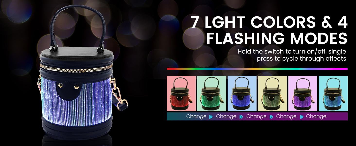 Portable Rechargeable Crossbody LED Light Up Bucket Bag, 7 Color Changing Glow In The Dark Crossbody Purse With 4 Flashing Modes, Press Switch To Control, Stylish Handbag For Night Out Party Concert