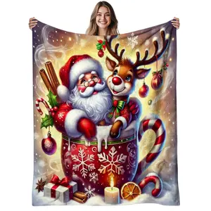 1Pc Cozy Santa & Reindeer Flannel Blanket - Heavyweight 280GSM Soft Warm All-Season Bedspread With Rudolph, Sleigh & Snowflakes - Christmas Bed Cover For Couch, Sofa, Bed - Machine Washable Holiday Decorations, Christmas Decorations, Christmas Throw Blank