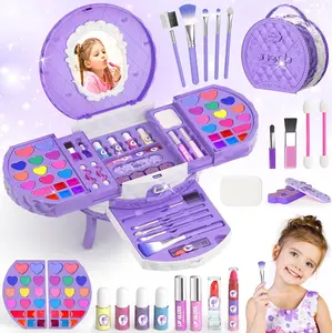 Summer Spring Gift Kids Makeup Sets for Girls 5-8, 59 Pcs Washable Real Cosmetic Set with Mirror, Non-Toxic Girls Makeup Kit, Toddler Nail Polish Kit, Princess Toys & Birthday Gifts for 3-12 Years