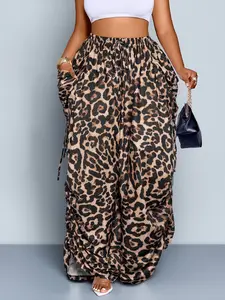 Women's Plus Size Leopard Print Wide Leg Pants, High Waist Elastic Waist, Loose-Fitting Long Pants, Casual All Seasons Fashion