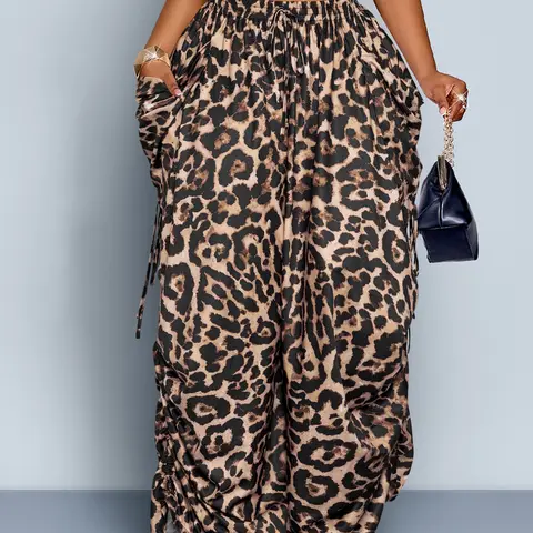 【Black Friday】Women's Plus-Size Leopard Print High-Waisted Wide-Leg Pants, Loose-Fitting Adjustable Waist Pants, Casual Fashion All-Season Wear
