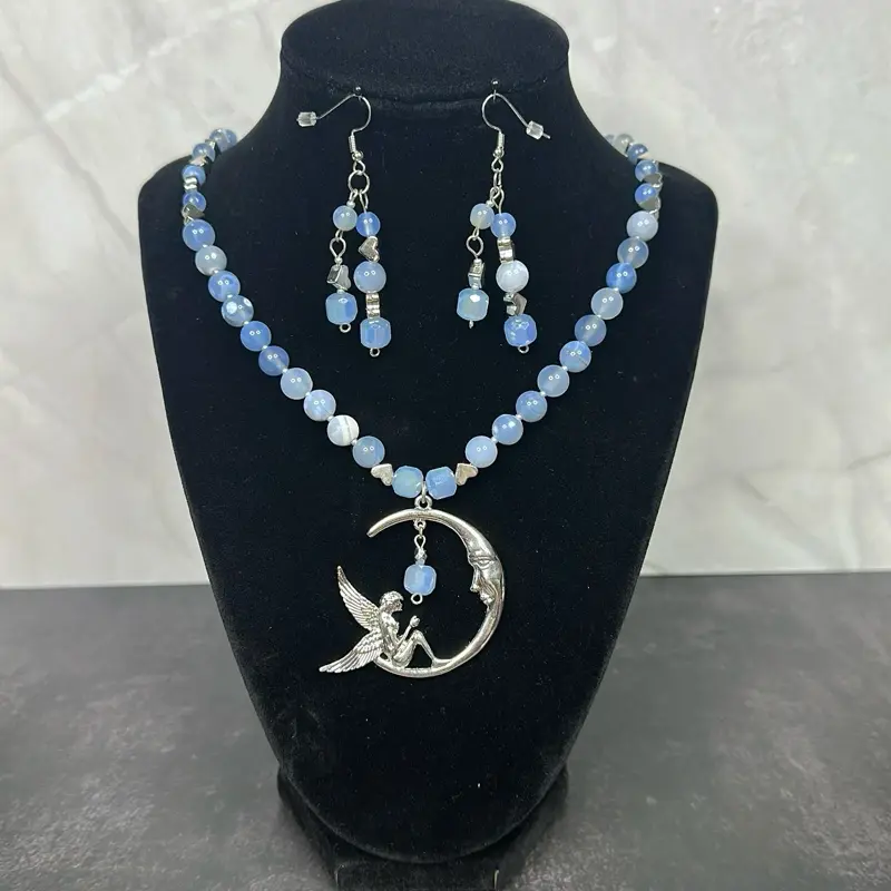 Handmade Blue Beaded Fairy Moon Necklace, Bracelet & Earrings Jewelry Set
