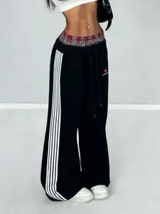 Women's Plaid Waist Heart Embroidery Wide Leg Pants, Soft Knit Fabric, Side Stripe Design, Loose Drape Fit, Streetwear, Campus Commute, Casual Sport, Womenswear, Bottoms