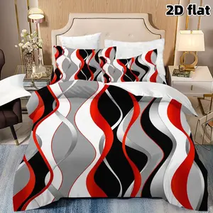 2D Flat 3Pcs Modern Abstract Wavy Pattern Duvet Cover, Red Black Gray White Striped Microfiber Bedding Modern Bedding Set with 1 Quilt and 2 Pillowcases, for Bedroom Guest Room Decor Decorative Bedding Set, Christmas Gift