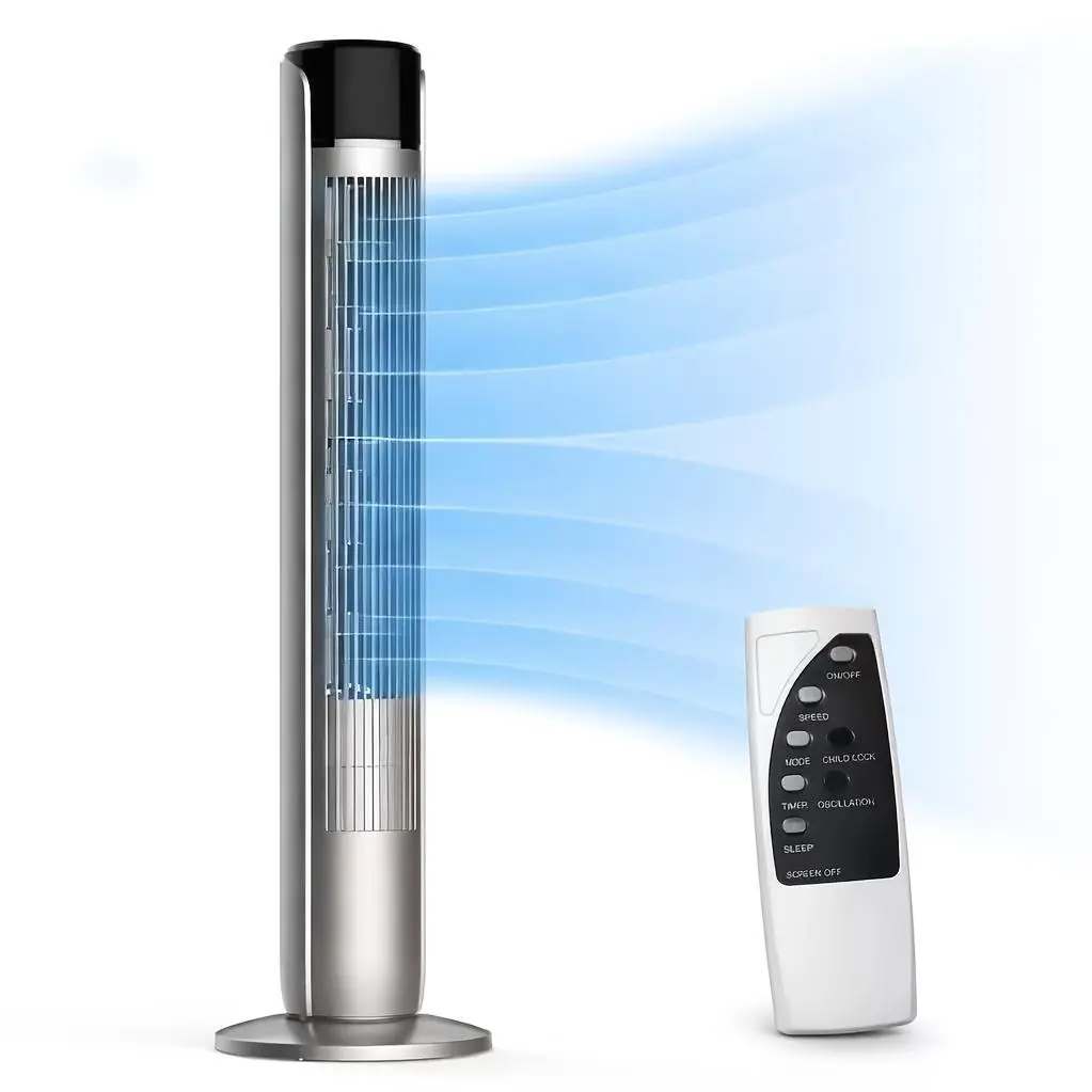 36-Inch Bladeless Oscillating Tower Fan Featuring Remote Control, 5 Speed Settings, 4 Operating Modes, Extremely Quiet at 28Db, 12-Hour Timer, And Portable Design for Home, Bedroom, Or Office Use