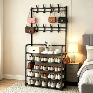 Multifunctional entryway shoe rack with hat storage and coat rack, 2-in-1 shoe rack and coat rack, 5-tier freestanding storage rack, suitable for entryway, living room, and bedroom Clothes Rack Organizer Durable Sturdy Rack Display Shelf