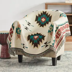 Blanket Western Decor Boho Throw Blanket for Sofa, Mexican Decorative Farmhouse Blanket, Southwest Decor Woven Blankets, Aztec Throw Blankets with Tassel(Beige,50x60 inch)
