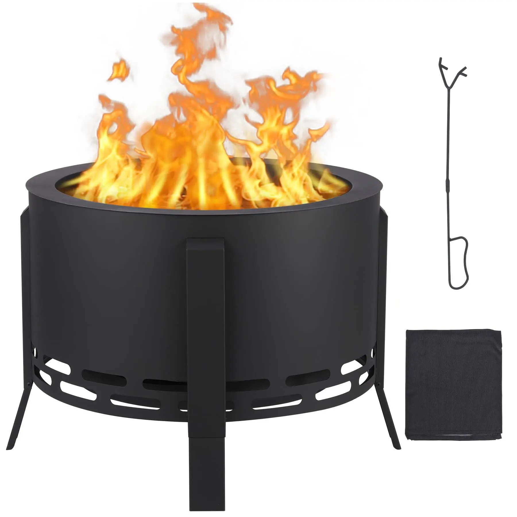 GARVEE 26 Inch Smokeless Fire Pit Outdoor - Outside Wood Burning with 360° Airflow, Removable Ash Pan & Bamboo Lid Rainproof Cloth - Low Smoke Backyard Fire Pit for Patio, Camping, Bonfire (D)