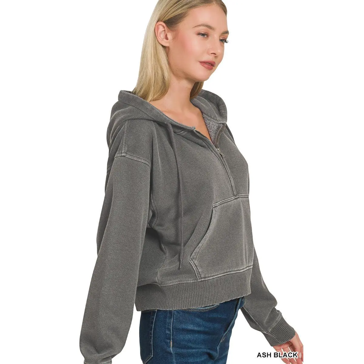 FLEECE PIGMENT DYE HALF ZIP KANGAROO POCKET HOODIE