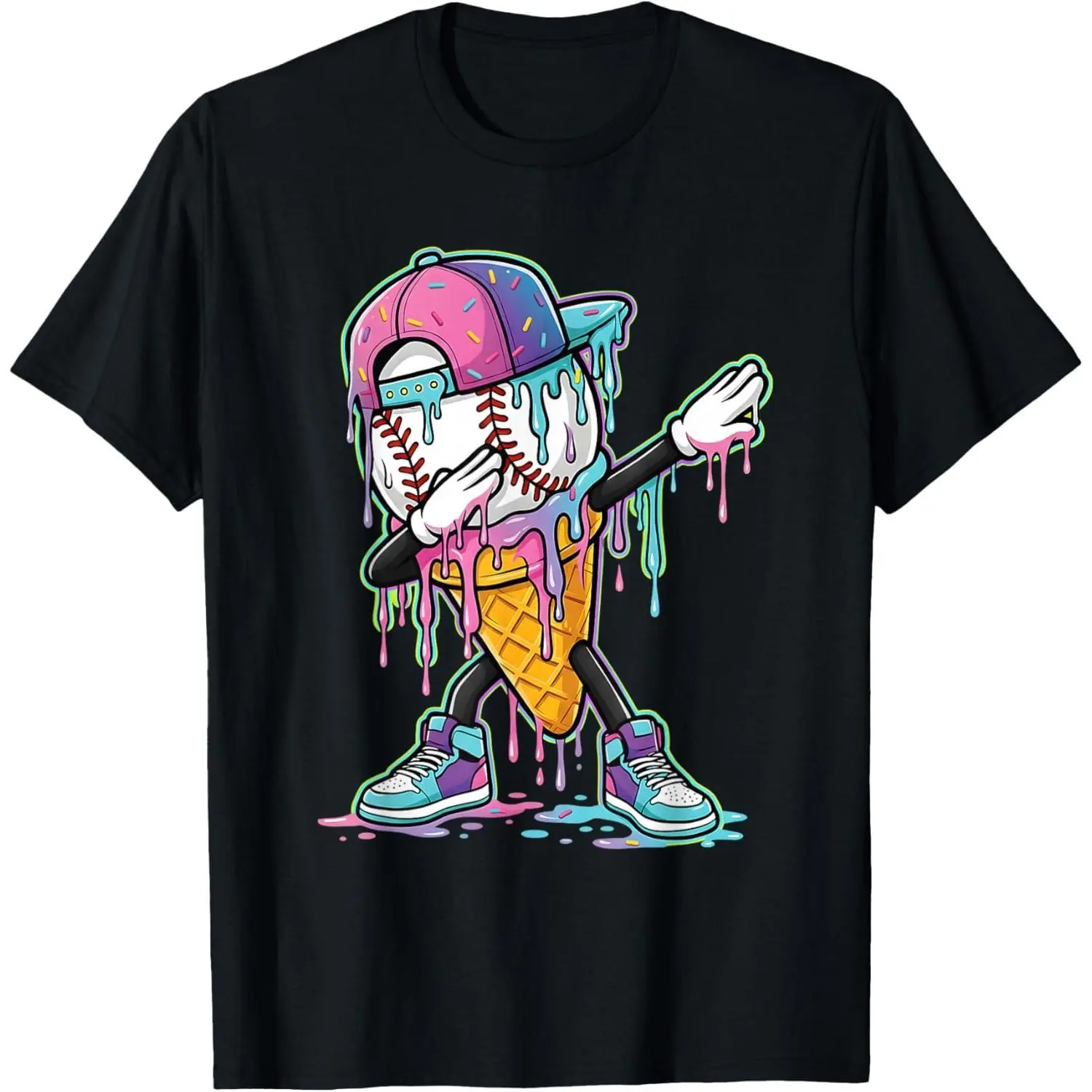 Men's Cotton Short-Sleeve Round Neck Streetwear Baseball T-Shirt - Dripping Ice Cream Graphic, Classic Design, Straight Hem, Casual Top, Comfortable Fabric, Valentines Day Apparel