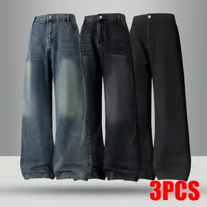 3-PCS Men's Vintage Wide Leg Baggy Jeans, High Waist Loose Denim Trousers, Y2K Streetwear Pants for Casual, Skate, Street Style