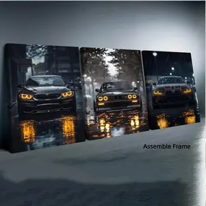 3-Piece DIY Canvas Set Rainy Night Bmw Car Poster, Elegant Wooden Wall Art Decor for Living Room, Modern Art Home Decoration, Waterproof and Odorless Artwork