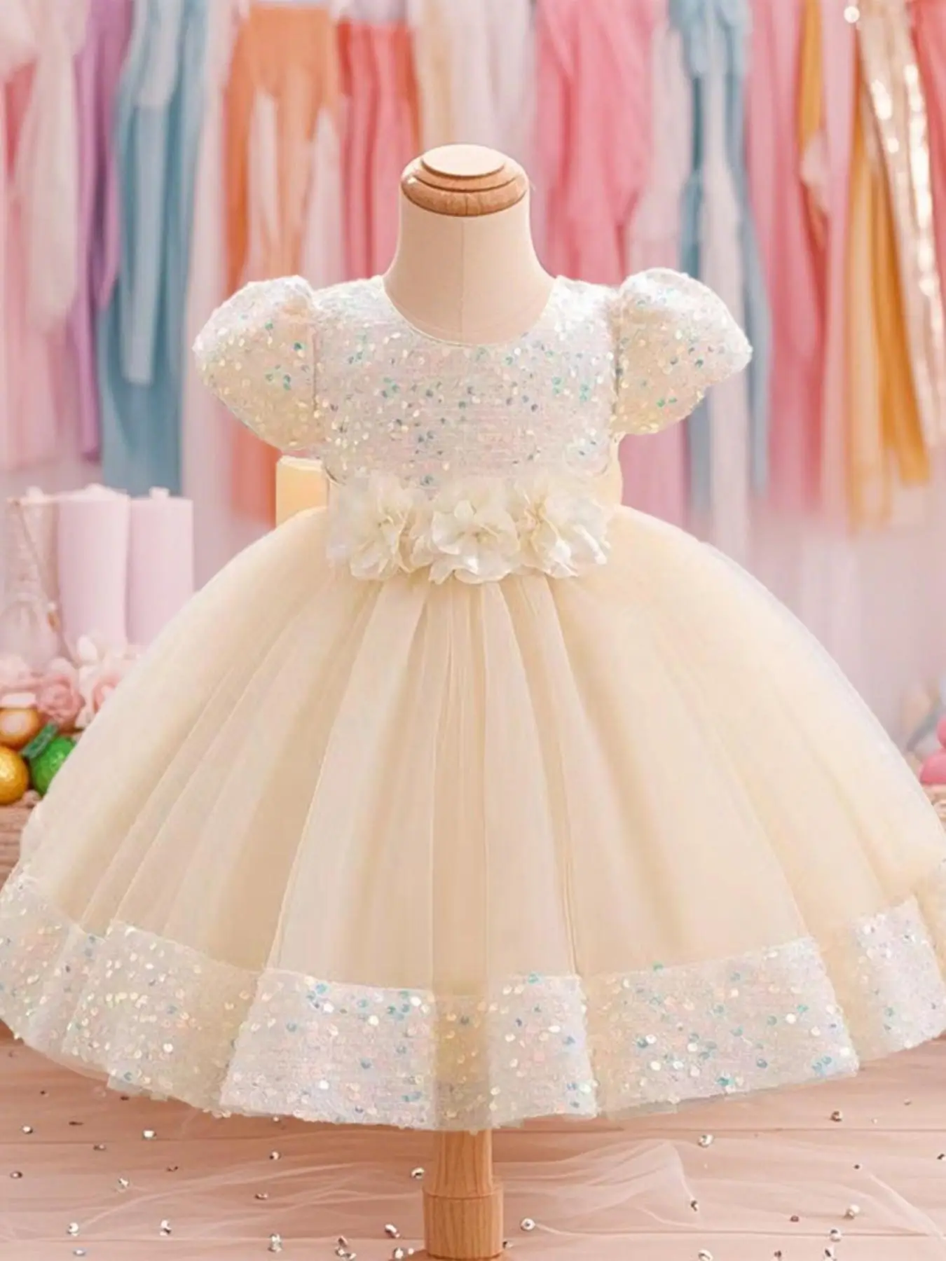 Toddler Girl's Glitter Sequin Decor Puff Sleeve Poof Dress, Cute Princess Dress for Party Wedding Guest, Kids Clothes for All Seasons