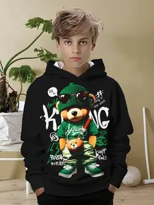 Boys' 3D Print Casual Pullover Sweatshirt, Long Sleeve Hoodie for Spring & Fall, Graphic Hoodies, Fitted Kint Fabric, Moderate Thickness