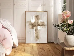 [No frame] Beige Abstract Cross Canvas Poster Neutral, Textured Modern, Christian Print