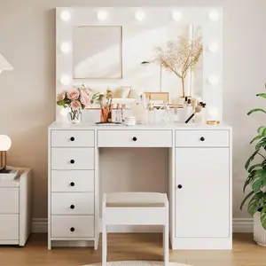 Makeup Vanity Desk with Mirror and Lights, White Vanity Table with Charging Station, 7 Drawers and Storage Cabinet, Wooden Dressing Table for Women Girls