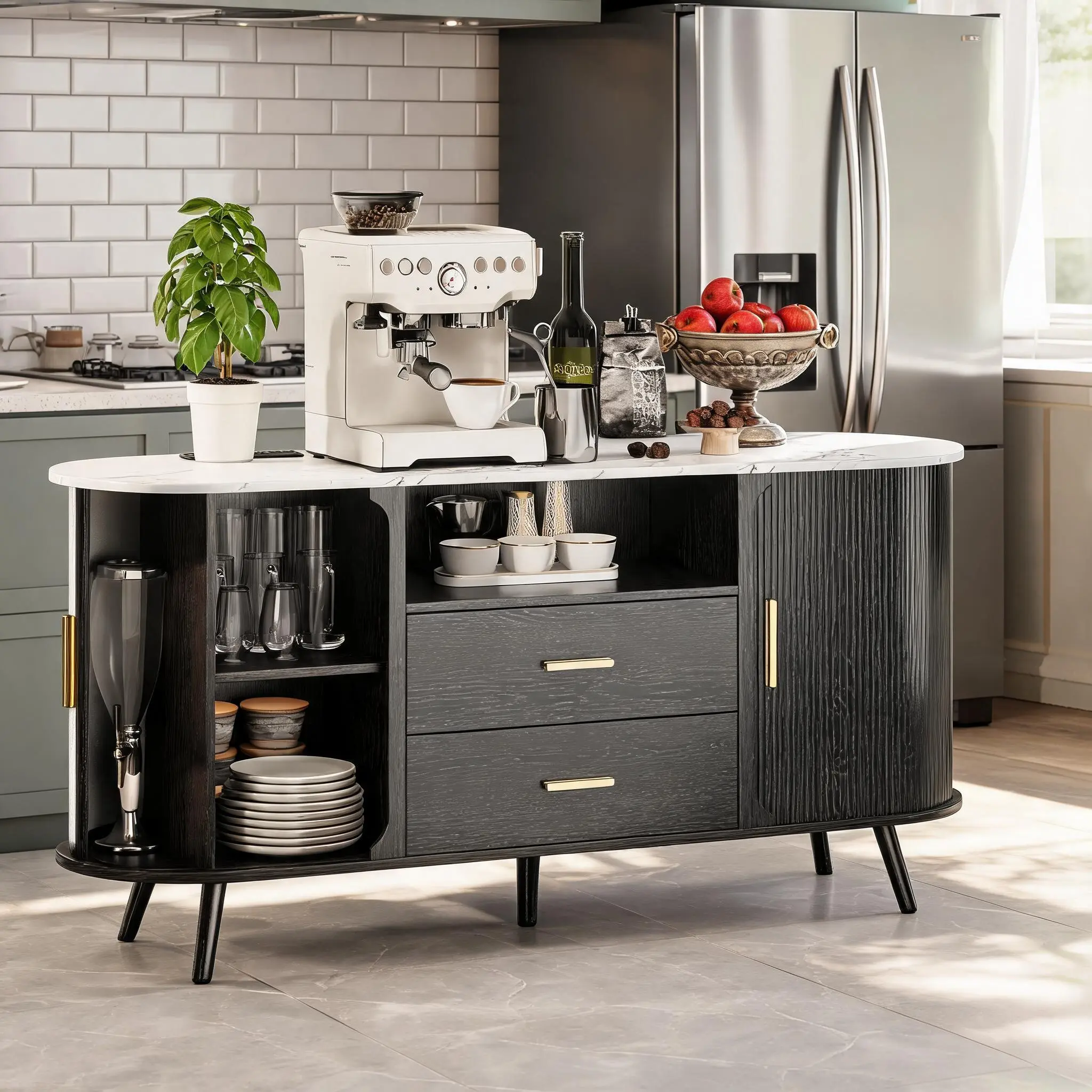 TINCY 60" Sideboard Buffet Cabinet with Storage, Modern Fluted Accent Credenza with Sliding Doors, Drawers and Adjustable Shelves, Wood Coffee Bar Console Table for Kitchen, Living Room, Enrtyway