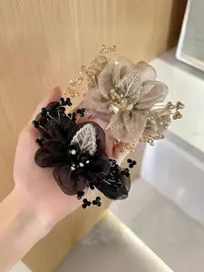 Vintage Embroidery Leaf Mesh Hair Ties, 2 Counts Flower Design Hair Scrunchies for Women & Girls, Minimalist Headwear Suitable for Thick Hair