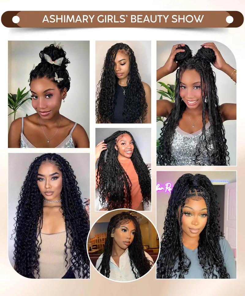 [26" Limited Offer] Ashimary Boho Knotless Box 26" Braided Wigs Full Double Lace Braid Wig for Black Women Lace Frontal Human Hair Blended Braided Wig with Boho Curls 360 Lace Front 428