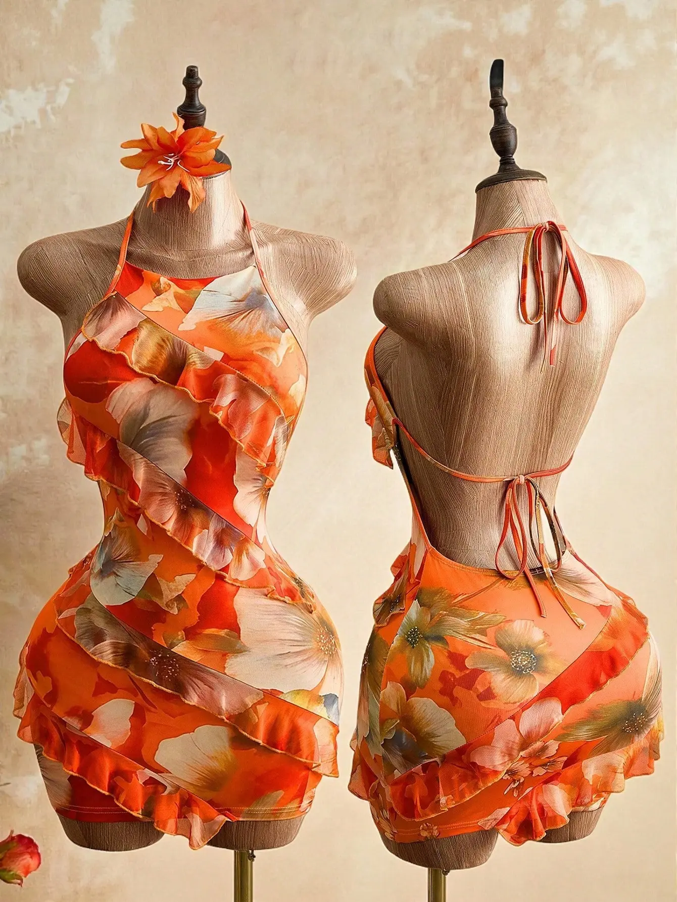 VYNCE Y2K Revival Halter Dress Orange Red Floral Print Boho Ruffled Border Design Summer Holiday Vacation Sweet Spicy Style Slim Fit