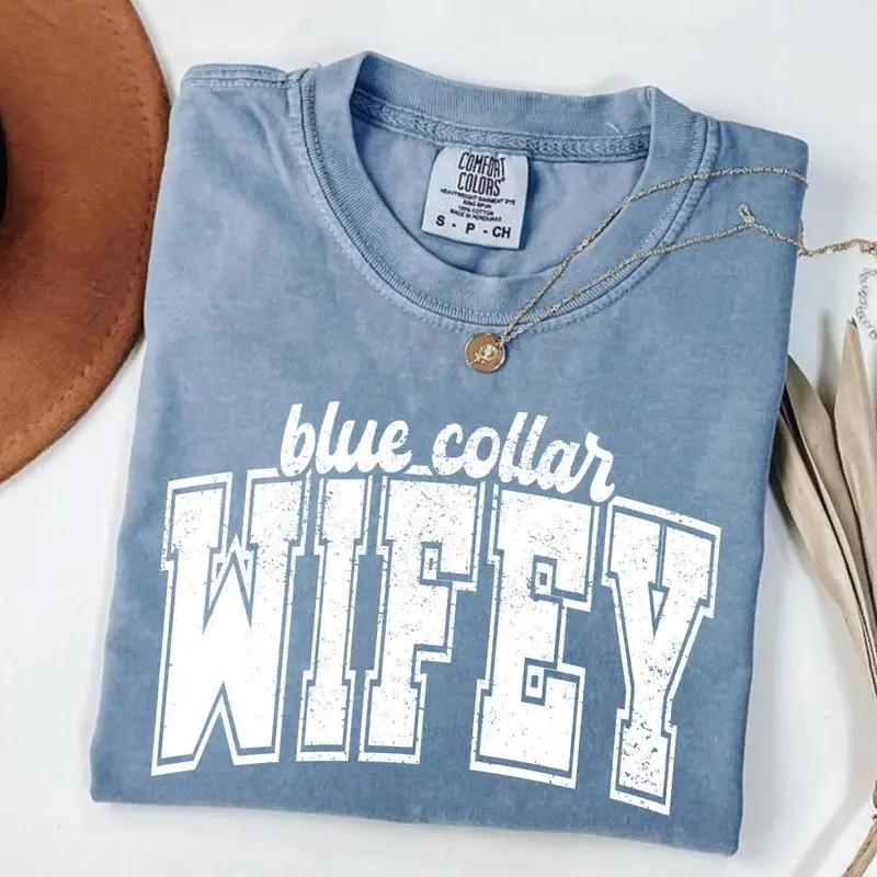 Comfort Colors Blue Collar Wife T-Shirt, Blue Collar Wifey Graphic Tee, Trucker Wife Shirt, Plumber Wife Construction Tee, Preppy Workwear Style, Funny Trades Wife Gift, Soft Washed Cotton Comfort Colors Womenswear - AL