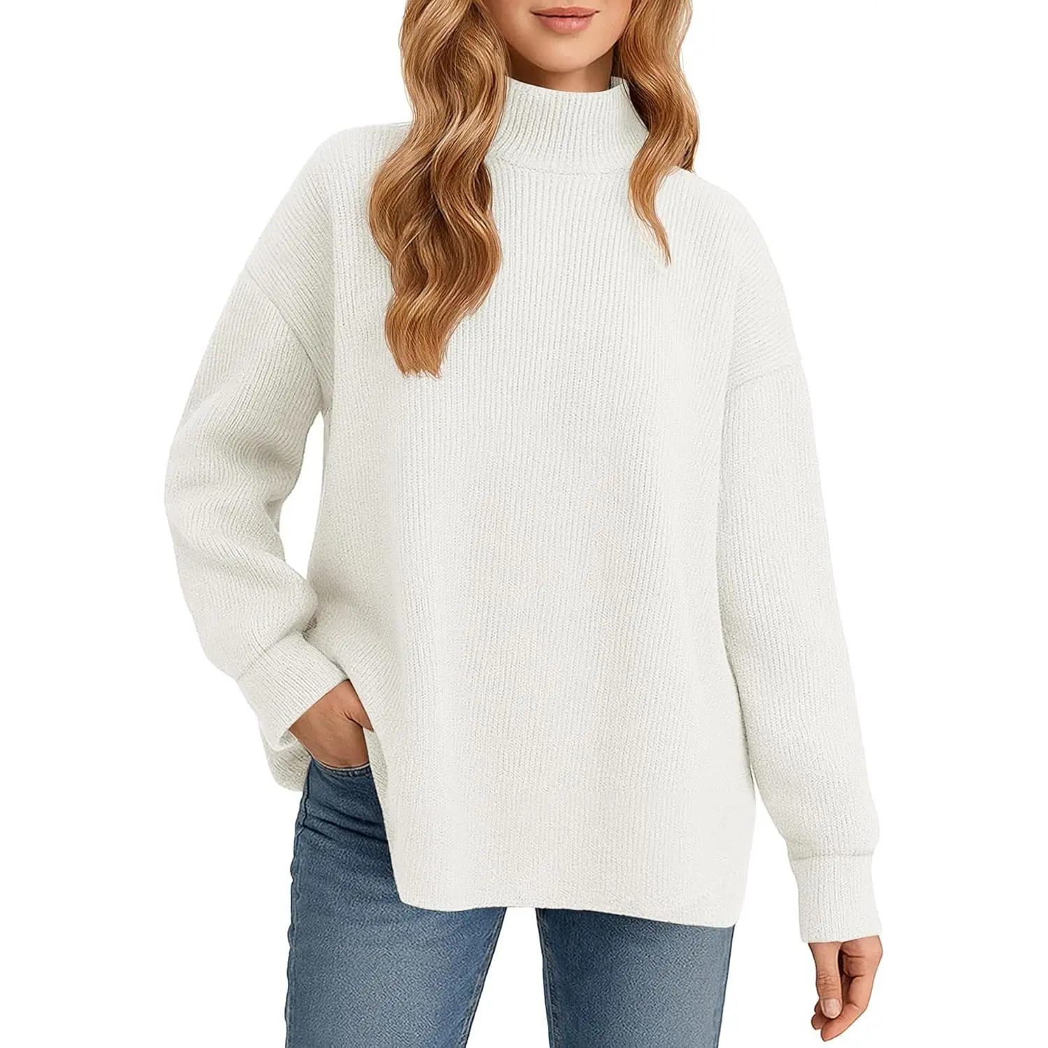YUCOLEN Women's Oversized Ribbed Turtleneck Knit Pullover Top, 2026 Fall Trendy Drop Shoulder Garment with Side Slits, Elegant Tunic for Matching Skirts, Knitwear, Long Sleeve, Casual