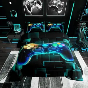 Feelyou Gamer Comforter Set - Comfy Microfiber Bedding Set, Video Game Controller Gamepad Design, Neon Glowing Square Geometric Grid Bedroom Decor Duvet Insert, Comfy Bedding Set